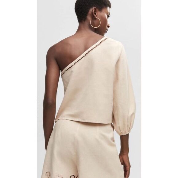Mango Asymmetrical Embroidered Open Work One Shoulder Top S Ecru - Picture 4 of 11